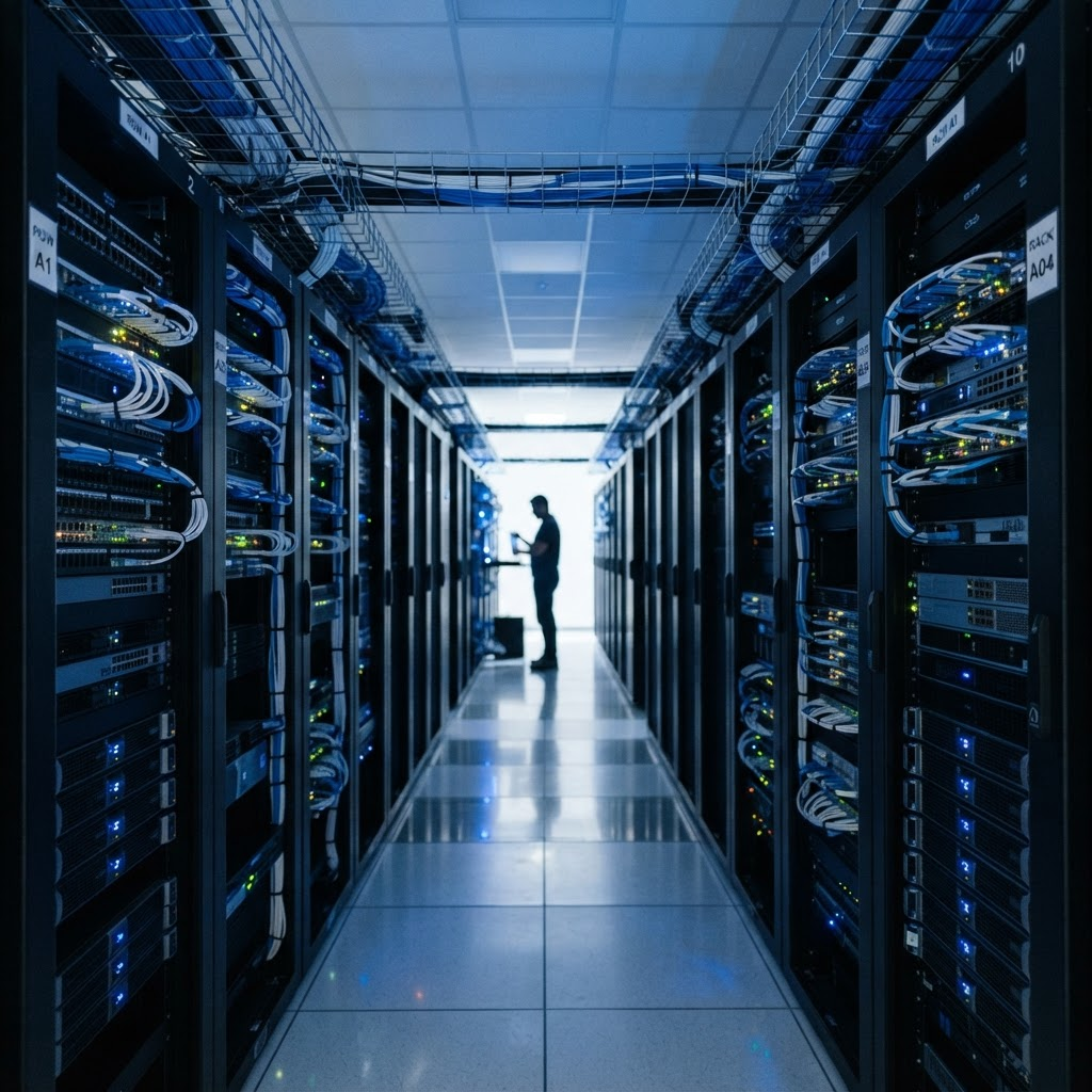 Organized server racks with structured network cabling in a data center