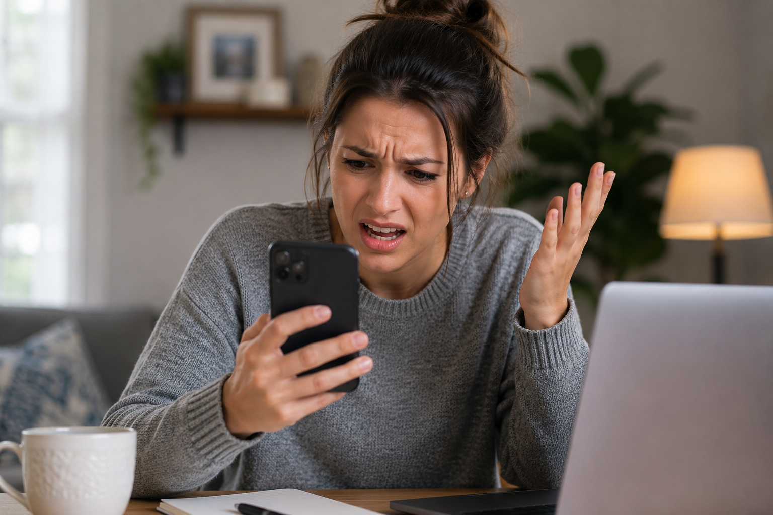 Person frustrated with a phone issue before getting help from CoastReach Technologies